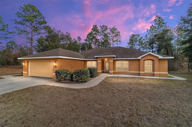 view of front of home featuring a garage and a lawn