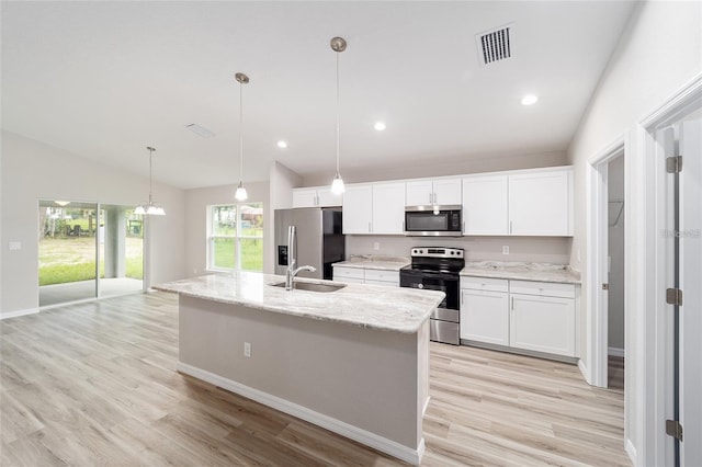 kitchen with sink, a kitchen island with sink, lofted ceiling, and stainless steel appliances