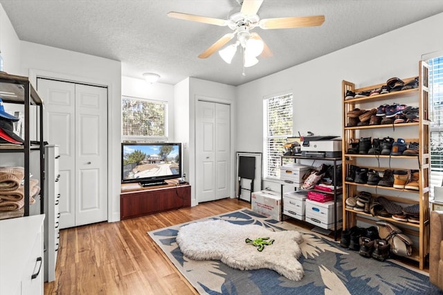 interior space with ceiling fan and light wood-type flooring