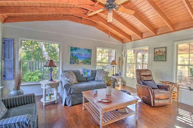 living room with wooden ceiling, hardwood / wood-style floors, and lofted ceiling with beams