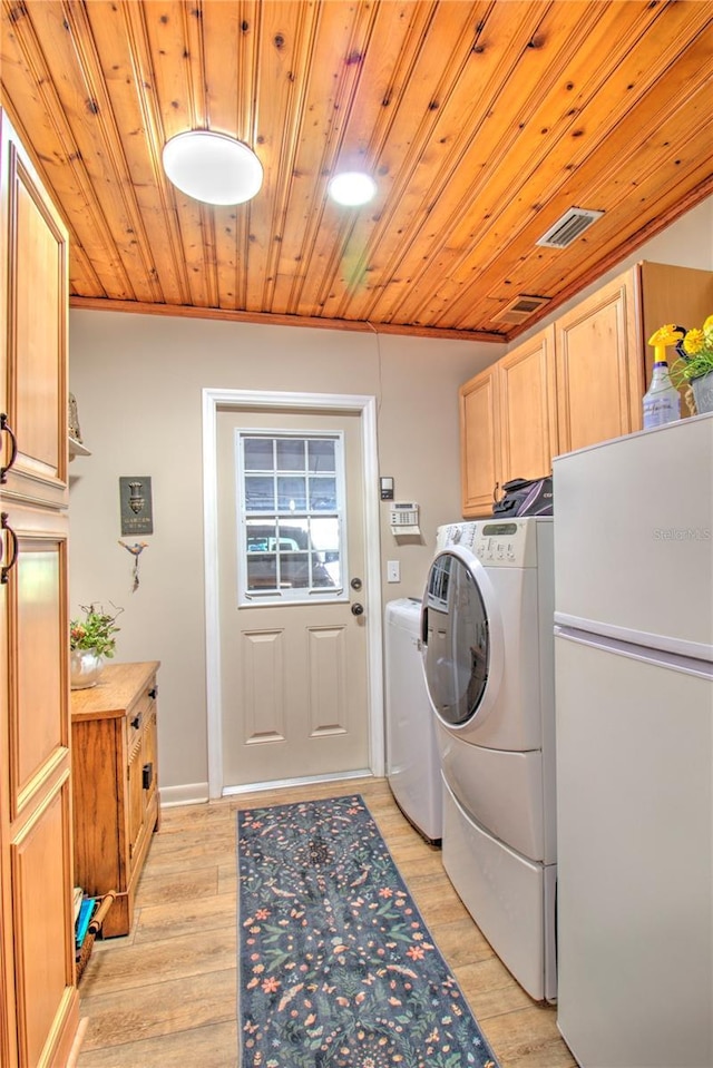 laundry room with wooden ceiling, light wood-type flooring, cabinets, and washer and clothes dryer