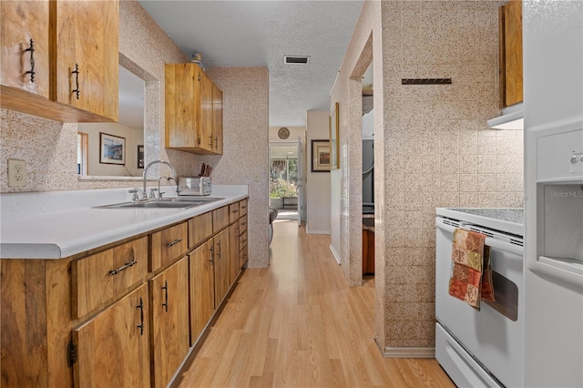 kitchen featuring a textured ceiling, sink, electric range, light hardwood / wood-style flooring, and backsplash