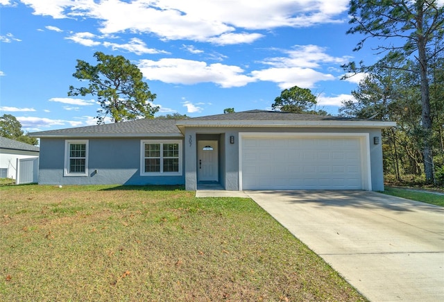 ranch-style home with a front yard and a garage