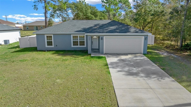 ranch-style house featuring central AC unit, a garage, and a front yard