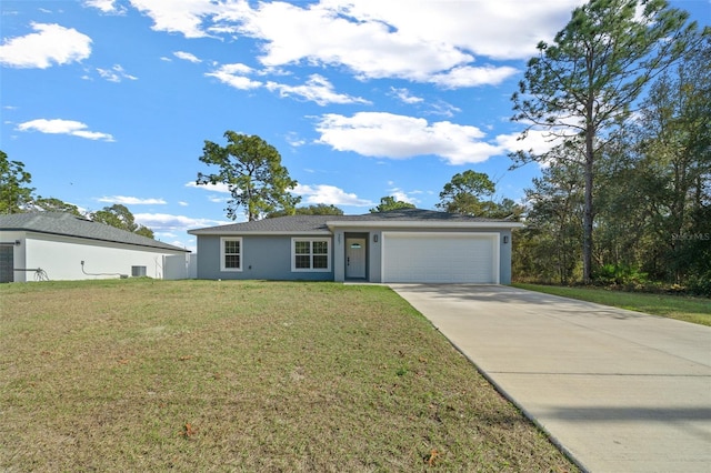 single story home featuring a front yard, central air condition unit, and a garage