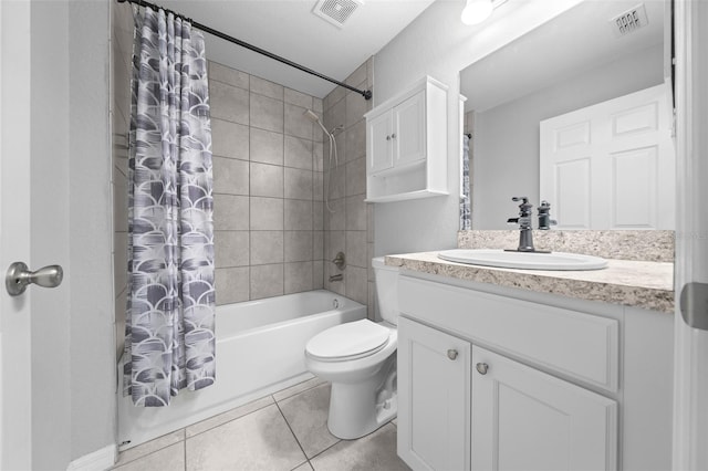 full bathroom with toilet, tile patterned flooring, shower / bath combination with curtain, and vanity