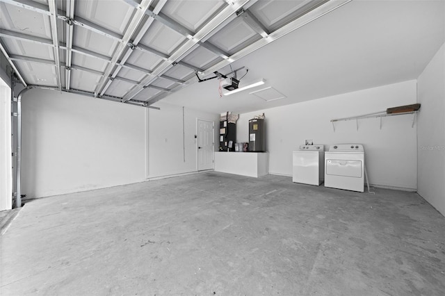 garage featuring a garage door opener, electric water heater, washer and dryer, and heating unit