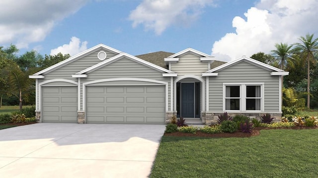 view of front of home with a front lawn, stone siding, an attached garage, and concrete driveway