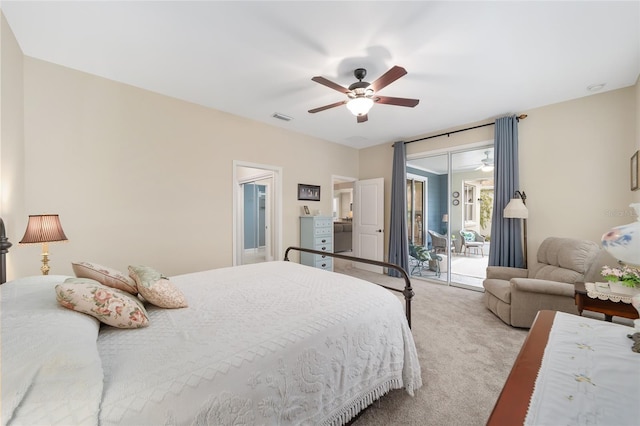 bedroom with carpet floors, a ceiling fan, visible vents, and access to exterior