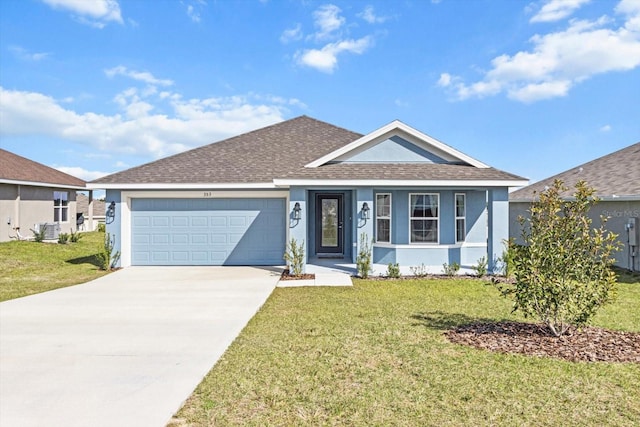 single story home with a garage and a front yard