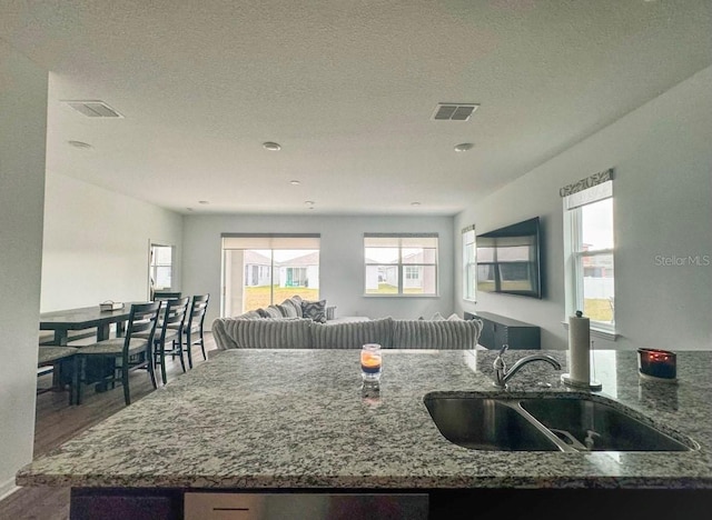 kitchen with sink, hardwood / wood-style floors, a wealth of natural light, and stone counters