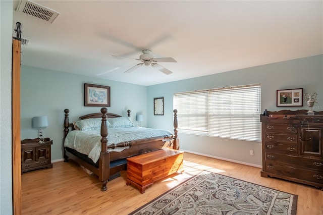 bedroom with light hardwood / wood-style flooring and ceiling fan