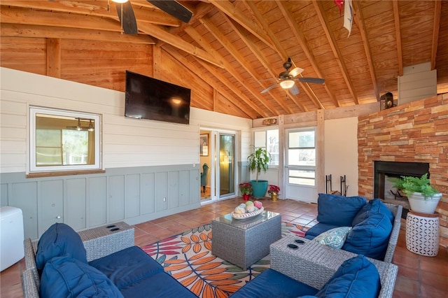 living room with tile patterned flooring, ceiling fan, wood ceiling, and a fireplace