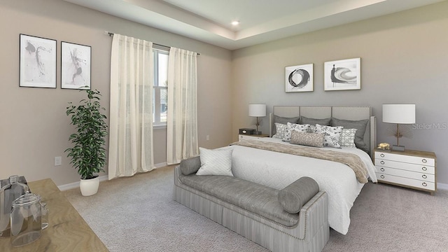 carpeted bedroom featuring a tray ceiling