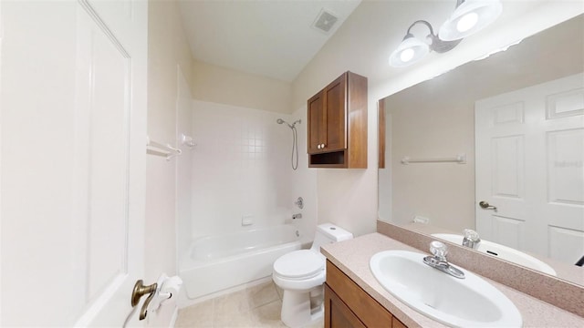 full bathroom with shower / bathtub combination, toilet, vanity, and tile patterned flooring