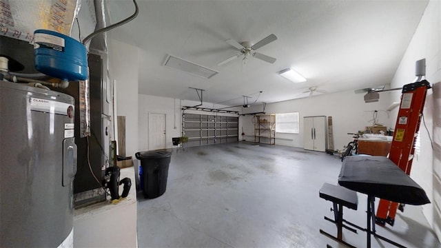 garage with water heater and ceiling fan