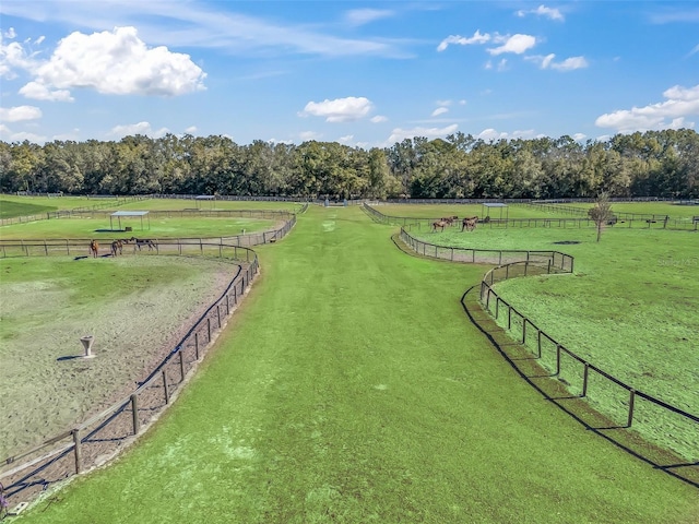 view of property's community featuring an enclosed area, a rural view, fence, and a lawn