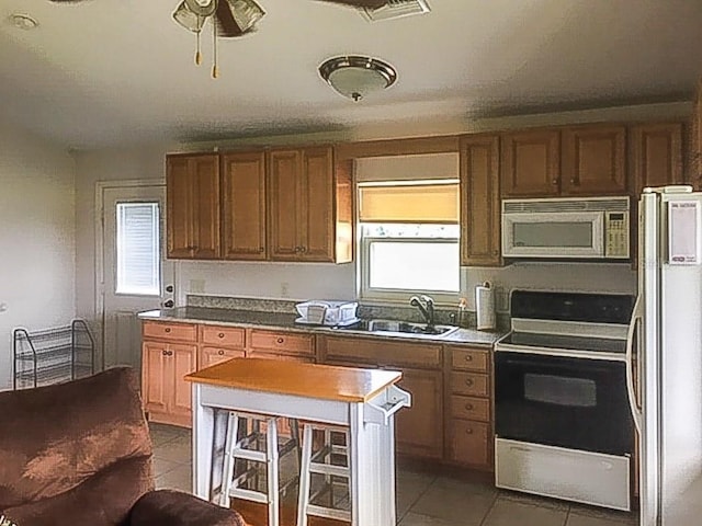 kitchen featuring electric range, a sink, plenty of natural light, freestanding refrigerator, and white microwave