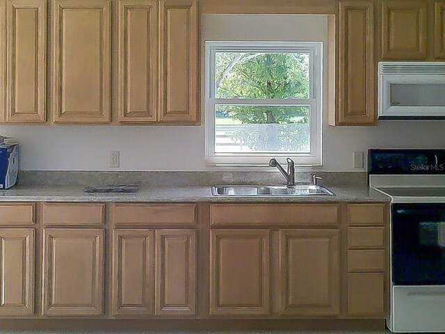 kitchen with white microwave, light countertops, electric range oven, and a sink