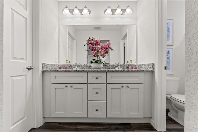 bathroom with vanity, toilet, and wood-type flooring