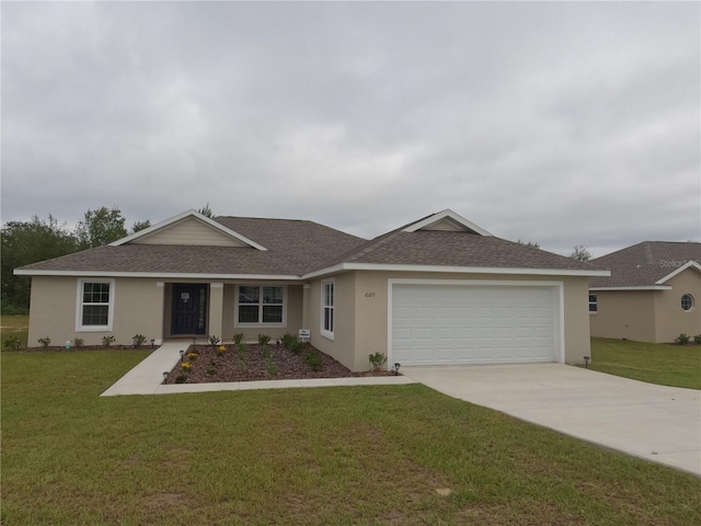 ranch-style home with a front yard and a garage