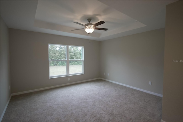 spare room with carpet flooring, ceiling fan, and a raised ceiling