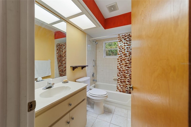 full bathroom featuring toilet, shower / tub combo, tile patterned floors, and vanity