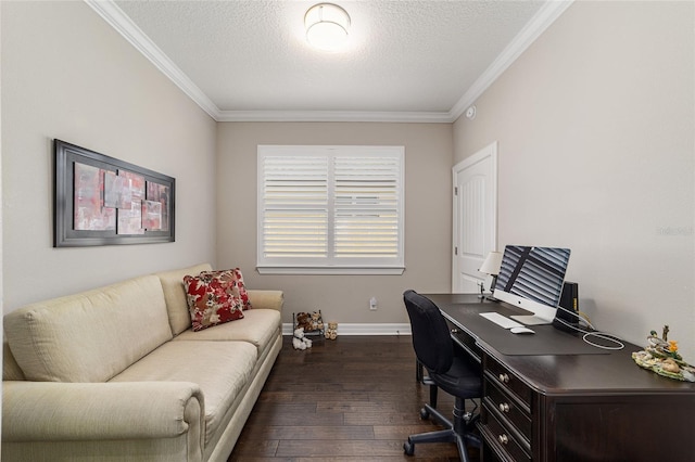 office featuring dark hardwood / wood-style flooring, ornamental molding, and a textured ceiling