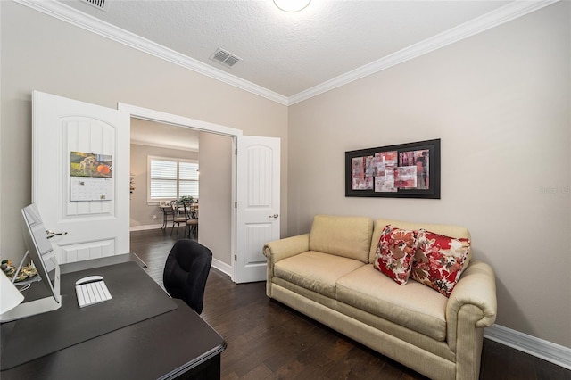 home office with ornamental molding, dark wood-type flooring, and a textured ceiling