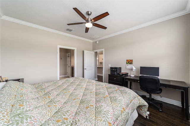 bedroom with ceiling fan, ornamental molding, and dark hardwood / wood-style flooring