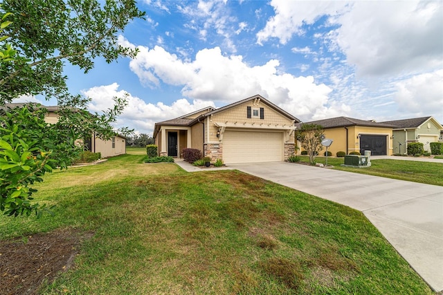 craftsman-style house with a garage and a front lawn