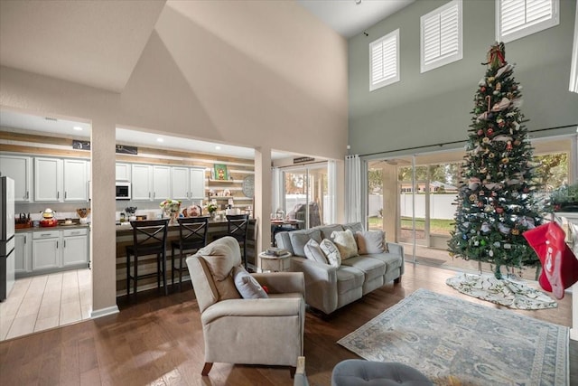 living room with a towering ceiling, a healthy amount of sunlight, and dark hardwood / wood-style floors