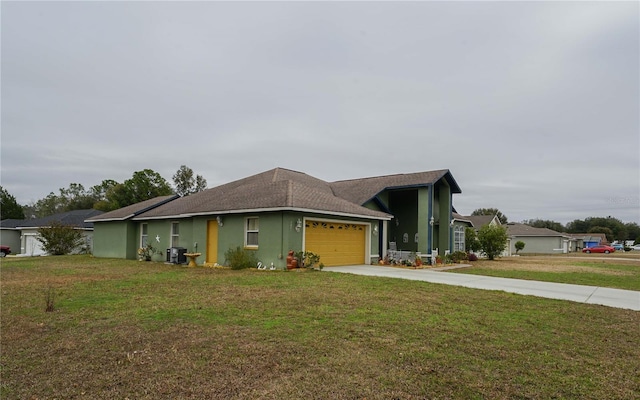 ranch-style home with a garage, a front yard, and central air condition unit