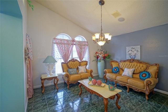 sitting room with an inviting chandelier and lofted ceiling