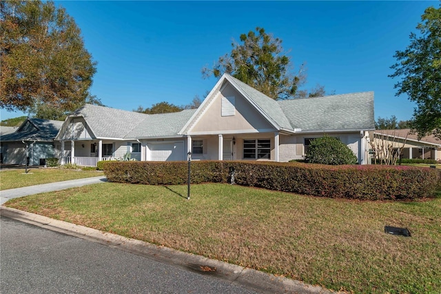 view of front of property featuring a front lawn, a porch, an attached garage, and stucco siding