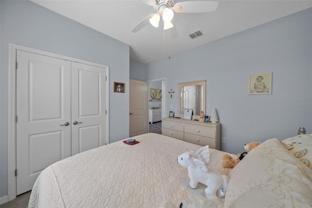 bedroom with ceiling fan and a closet