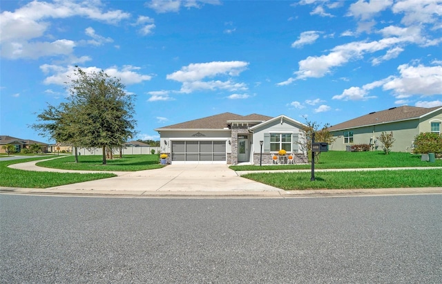 single story home with a garage and a front yard