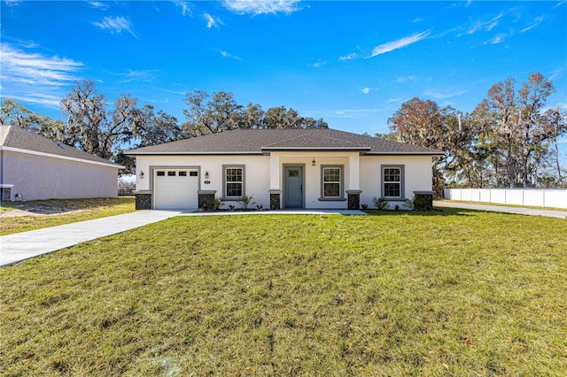 view of front of home with a garage, a front yard, and central air condition unit