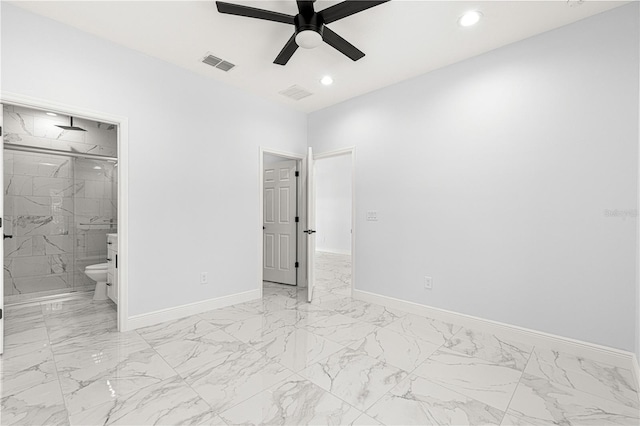 unfurnished bedroom featuring ceiling fan and a closet