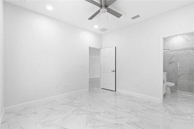 bedroom with ceiling fan and ensuite bathroom