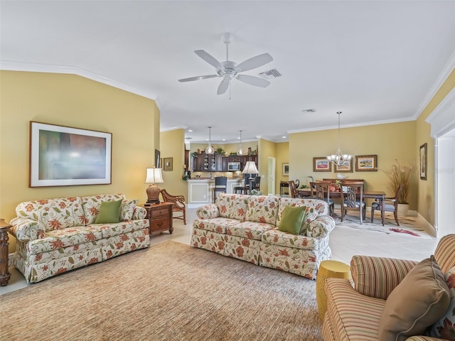 tiled living room with ornamental molding and ceiling fan with notable chandelier