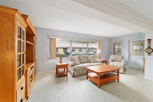 living room featuring a textured ceiling