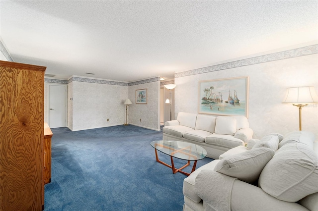 carpeted living room featuring a textured ceiling