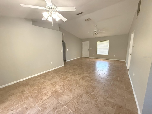 spare room featuring ceiling fan and lofted ceiling