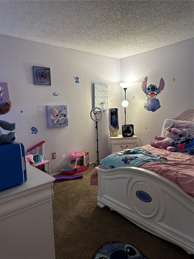 carpeted bedroom with a textured ceiling