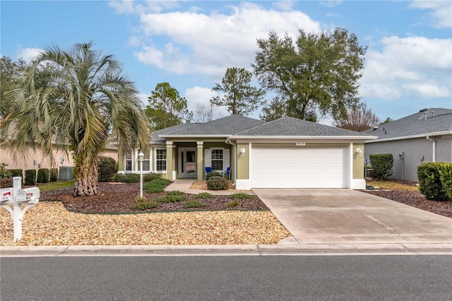 view of front of property featuring central AC and a garage