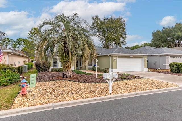 ranch-style home with a garage and cooling unit