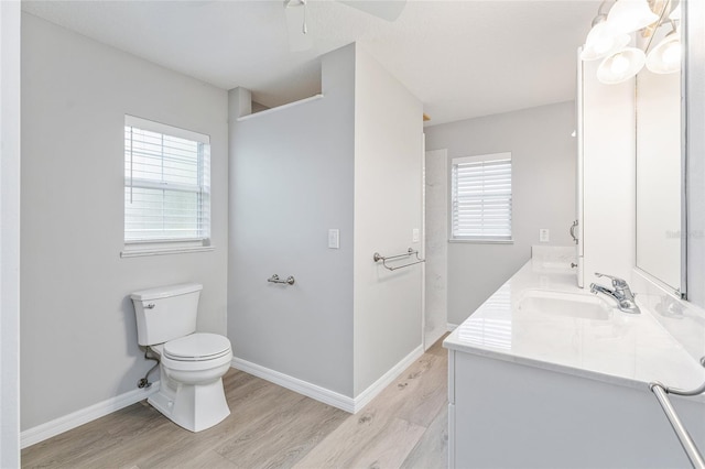 bathroom with hardwood / wood-style flooring, toilet, and vanity