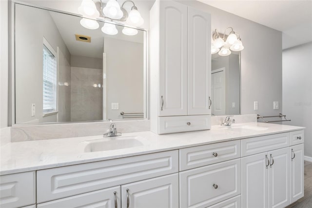 bathroom with vanity and a shower