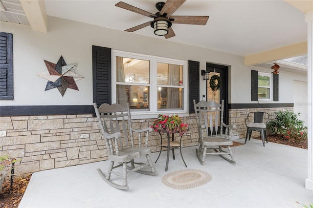 view of patio with a porch and ceiling fan